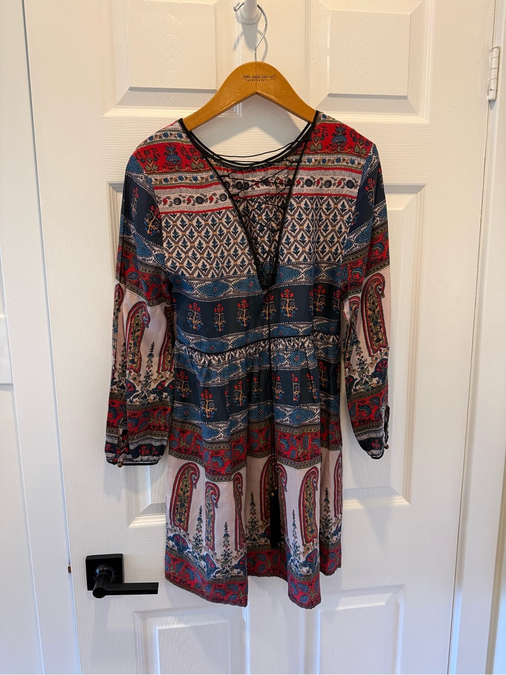 Boho Paisley V-Neck Long Sleeve Dress in Navy & Red
